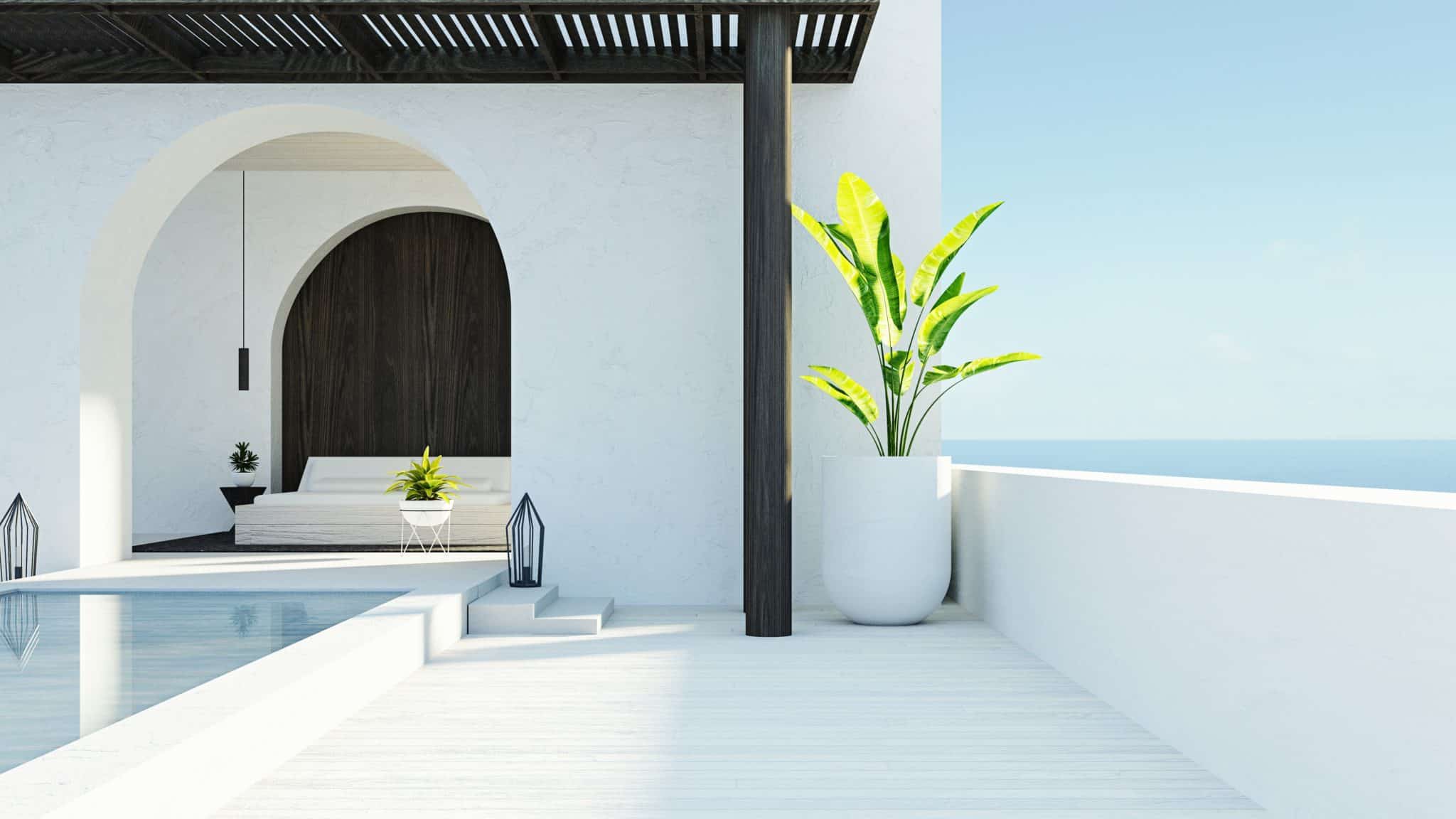 Luxury,Villa,Bedroom,In,Santorini,Island,Style,-,3d,Rendering